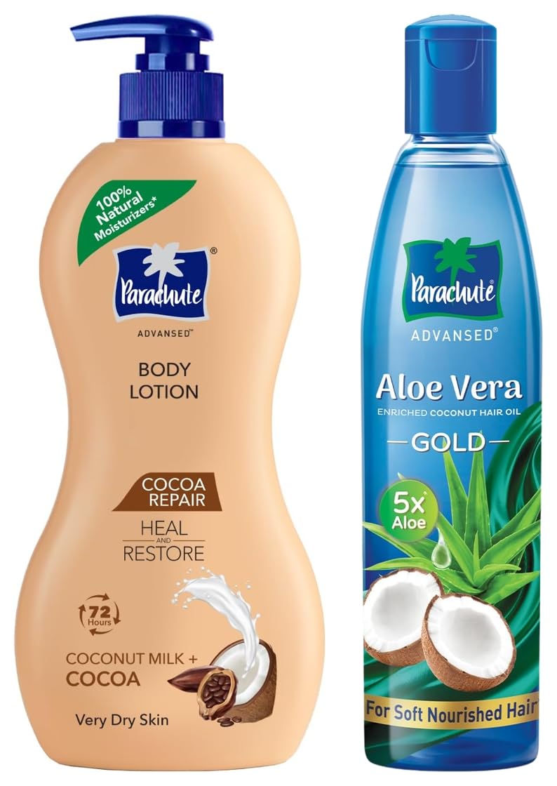 Parachute Advansed Cocoa Repair Body Lotion, Intense Moisture, 400ml & Parachute Advansed Aloe Vera Enriched Coconut Hair Oil Gold | 5X Aloe Vera With Coconut Oil| Makes Hair Sooperr Soft | 400ml