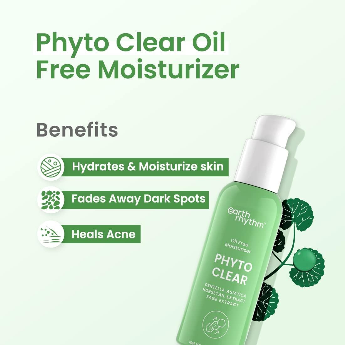 Earth Rhythm Phyto Clear Oil Free Moisturizer, Hydrates & Moisturize skin, for Acne & Redness with Centella Asiatica, Sage Extract, for Oily & Acne Prone Skin, Men & Women - 50ml