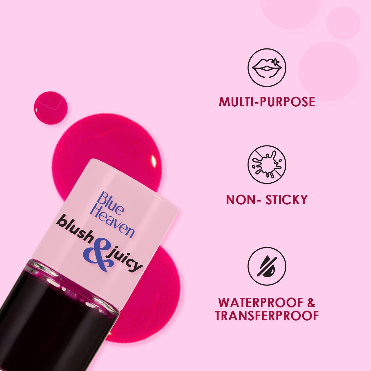 Blue Heaven Blush & Juicy Lip & Cheek Tint Infused with Pomegranate & Strawberry Extract | Multipurpose 3 in 1 Lip Tint | Long Lasting, Water Proof & Hydrating Liquid Blush, Watermelon Juice, 9ml