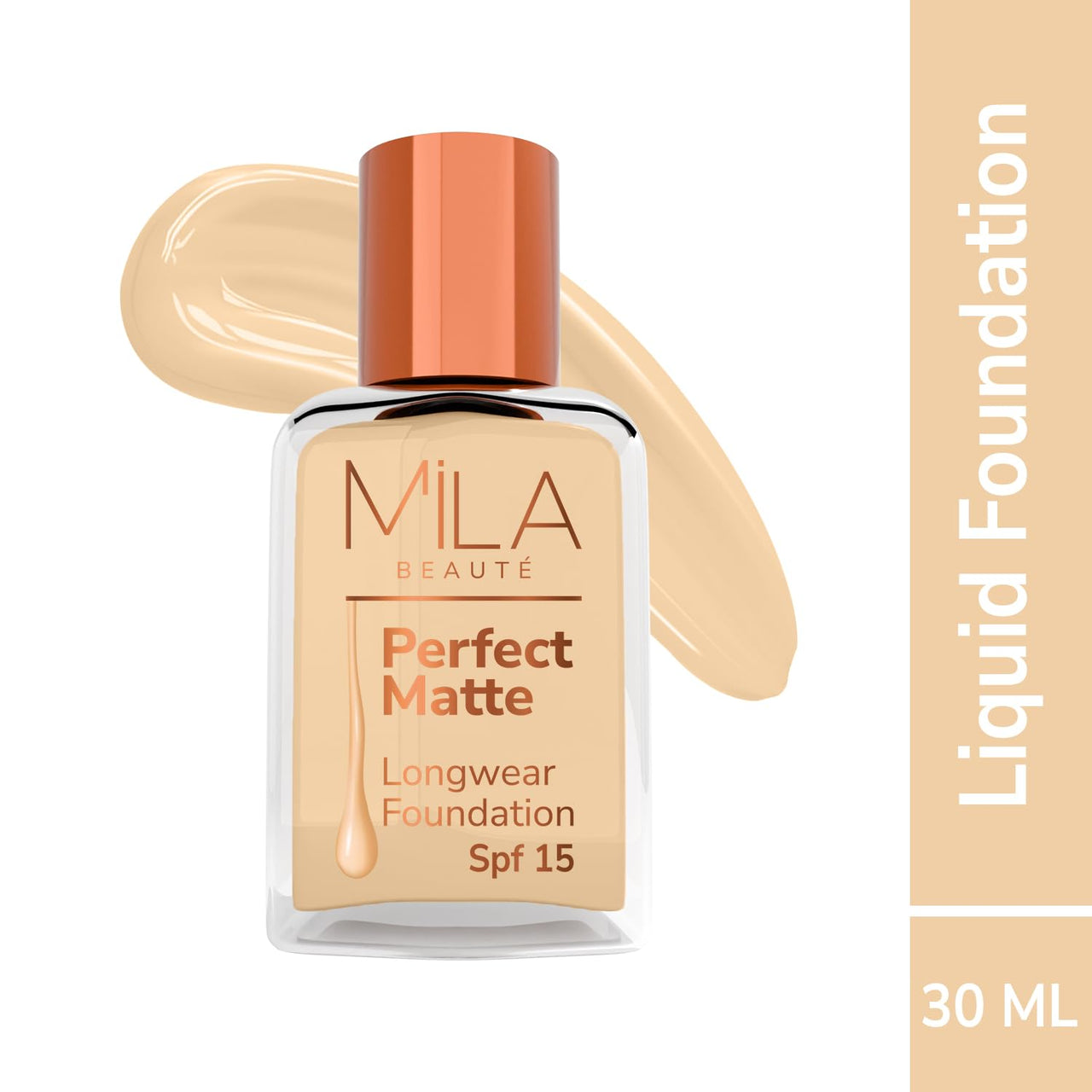 Mila Beauté Perfect Matte Long Wear Foundation | High Coverage, Light Weight & Water Resistant I Oil Free Formula With SPF 15 & Vitamin E | Smooth Matte Finish | Keeps Skin Hydrated | Shade - (4 Skin, 30ml)