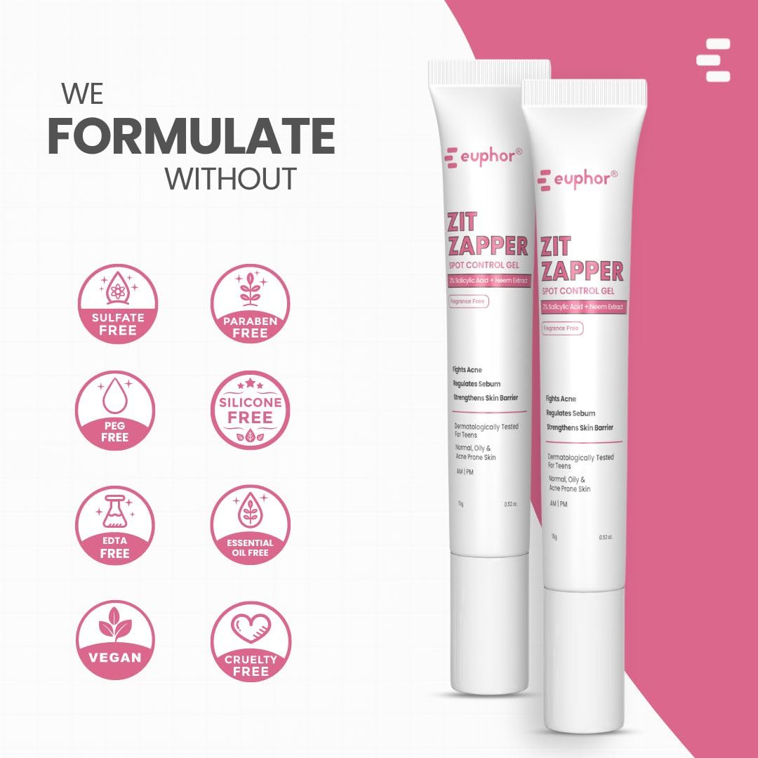 Euphor Teens | Acne Spot Corrector | ZIT ZAPPER Gel | Soothing, Invisible and Non-drying | Anti-Acne, Blackhead remover | Oily and Acne-prone Skin | 2% Salicylic Acid, Neem Extract, Zinc PCA, Niacinamide | PEG-free, Paraben-free, Sulphate-free | For 15yr+