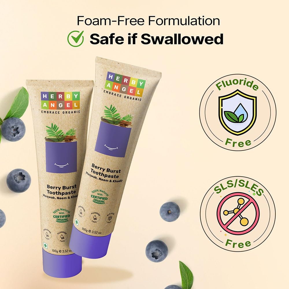 HERBY ANGEL Baby Toothpaste Berry Burst - Herbal Kids Oral Care Toothpaste With Neem, Khadir & Meswak - Promotes Strong Teeth & Healthy Gums For Toddlers & Babies 12 Months & Above - 100 Gm