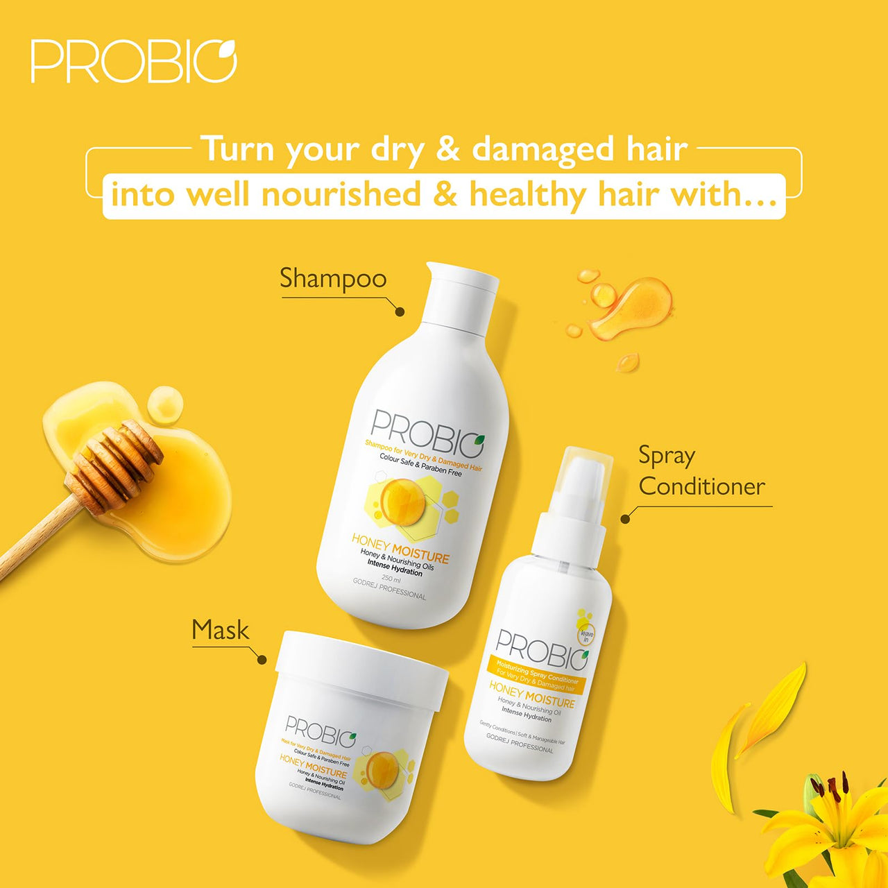 Godrej Professional Probio Honey Moisture Spray Conditioner (100 Millilitre) | Helps Condition And Moisturizes Dry & Damaged Hair | Composed Of Honey & Nourishing Oils