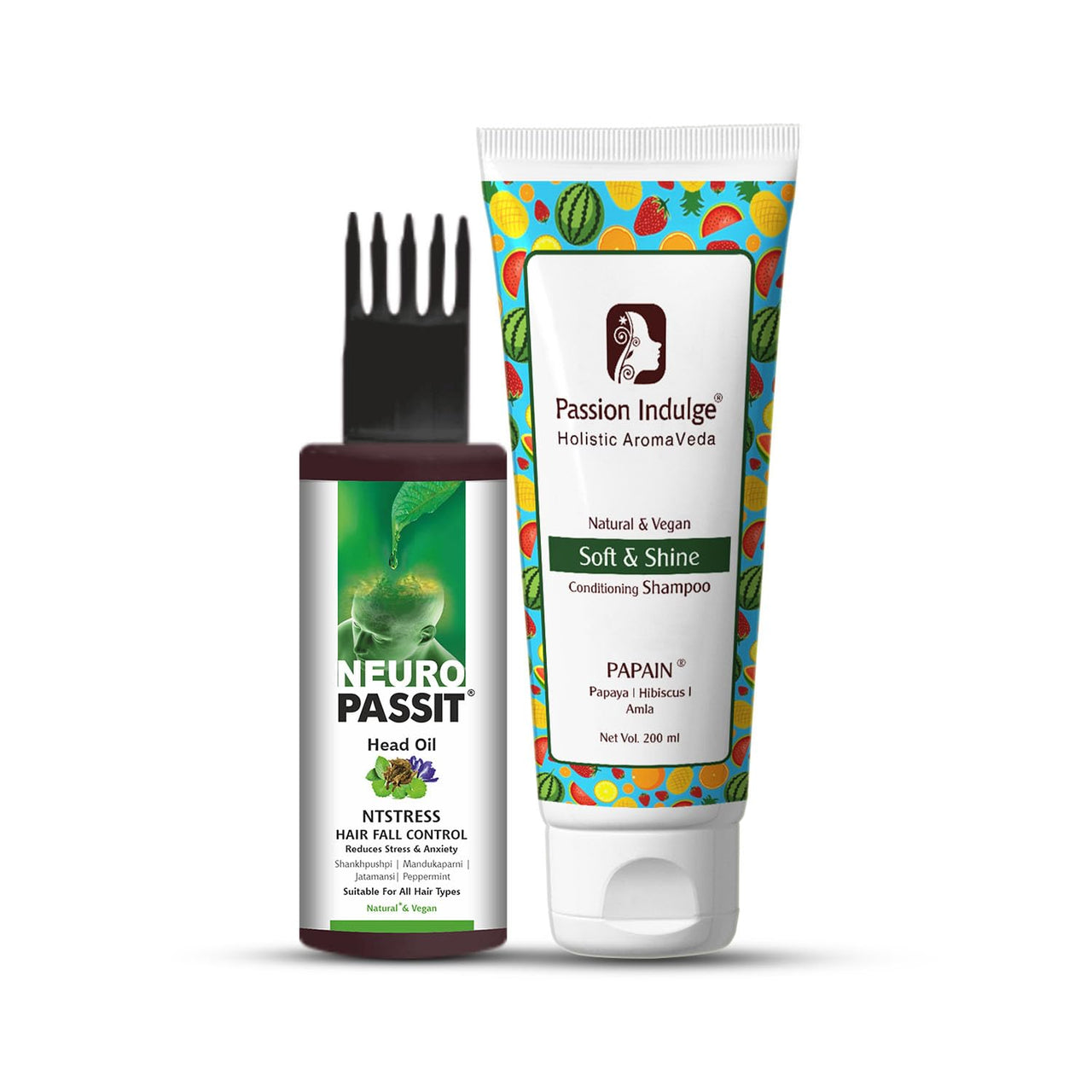 Passion Indulge Neuropassit NTstress Hair fall control oil 100ml & Papain 2 in 1 Conditioning Shampoo 200ml Combo Pack For Anti Dandruff | Reduce Stress & Anxiety | Hair Cooling Oil | Hair Fall Control | Soft & Shine Hair With Jatamansi & Papaya | Natural