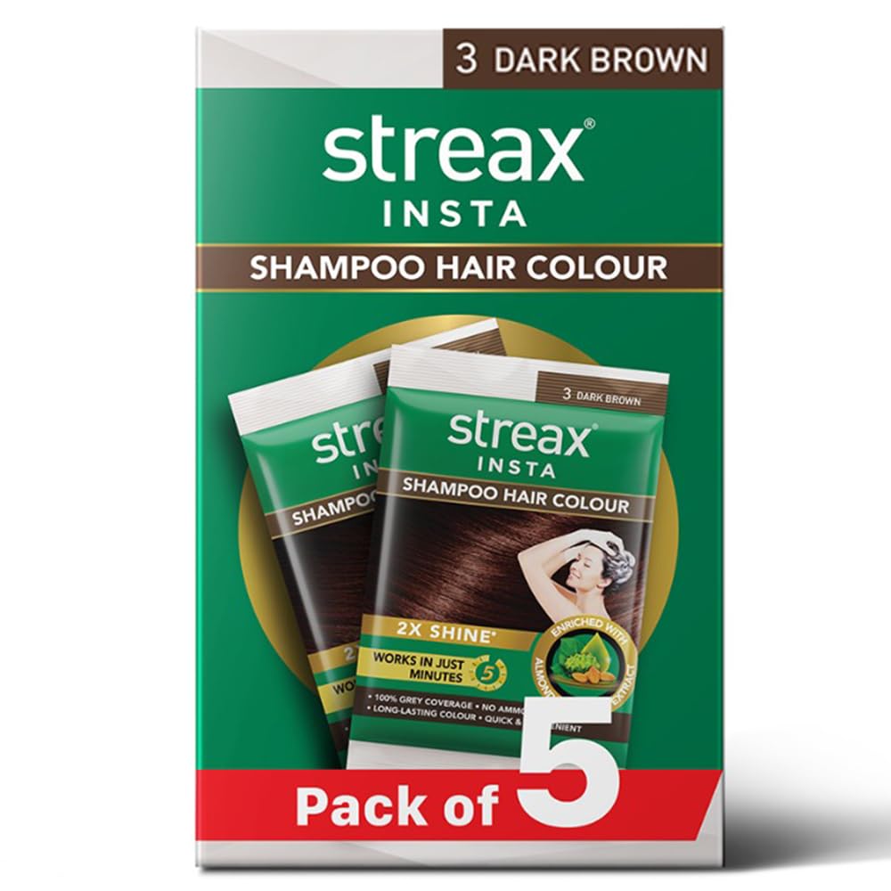 Streax Insta Shampoo Hair Colour for Women & Men, Dark Brown 3 - Pack of 5|Hair Colour Brown|100% grey coverage |Long Lasting Hair Color, easy to use| Ammonia Free Hair Color, No Paraben & Sulphate
