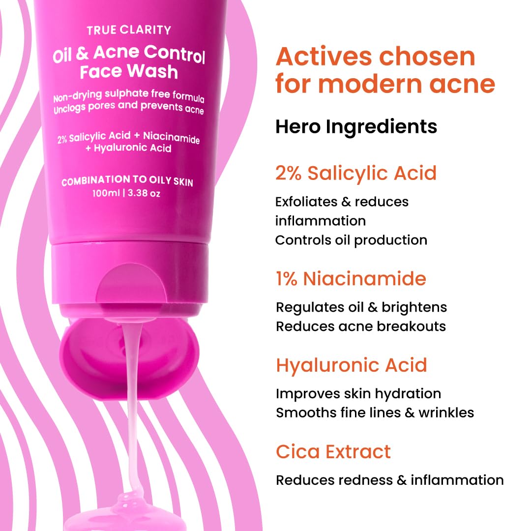 Foxtale Oil and Acne Control Face Wash | 2% Salicylic Acid + Niacinamide + Cica + Hyaluronic Acid | Fights Acne, Fades Marks, Controls Oil, Soothes Skin | Non-Drying Cleanser for Oily Skin