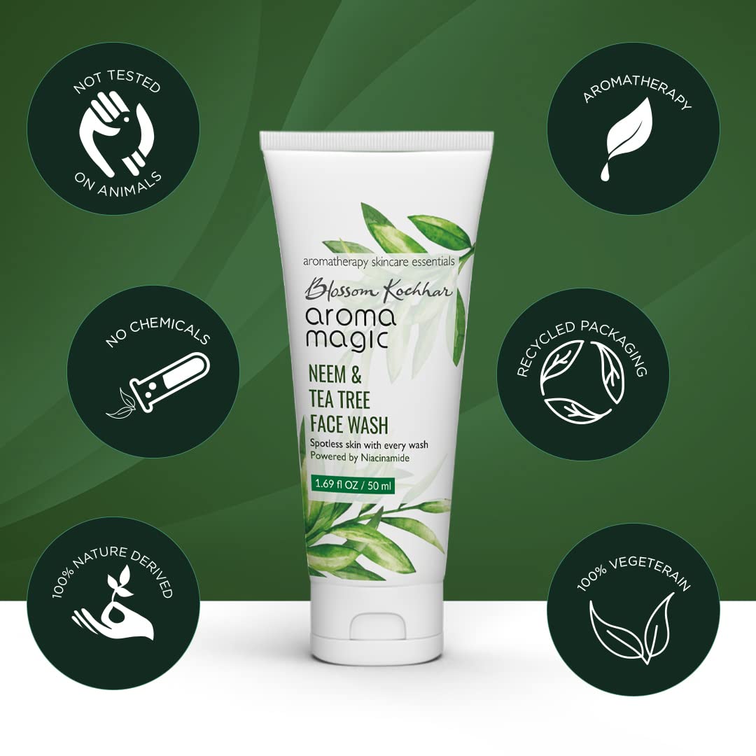 Aroma Magic Neem & Tea Tree Face wash PWRD By 5% Niacinamide & Aloevera Gel| for Spotless & Soft Skin| Oily & Acne/Pimples Prone Skin| for Women & Men| 100 ml| pack of 1