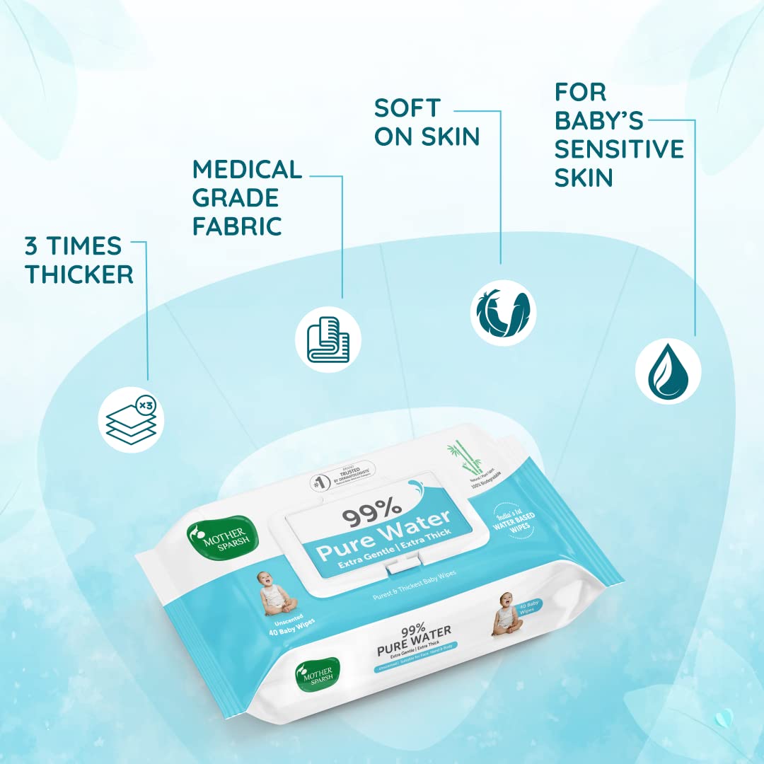 Mother Sparsh 99% Pure Water (Unscented) Baby Wipes with Lid I Natural Plant made cloth - Super thick Wet Wipes I 72 pcs/pack - Pack of 2 (Super Saver Pack)