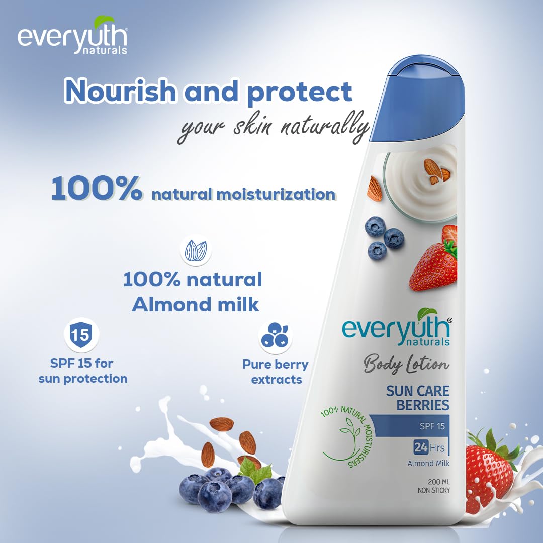 Everyuth Naturals Sun Care Berries Body Lotion (200Ml)|With Spf-15|24 Hours Intense Moisturization With Almond Milk & Berries Extracts|For Deep Skin Nourishment|Quick Absorption|For All Skin Types