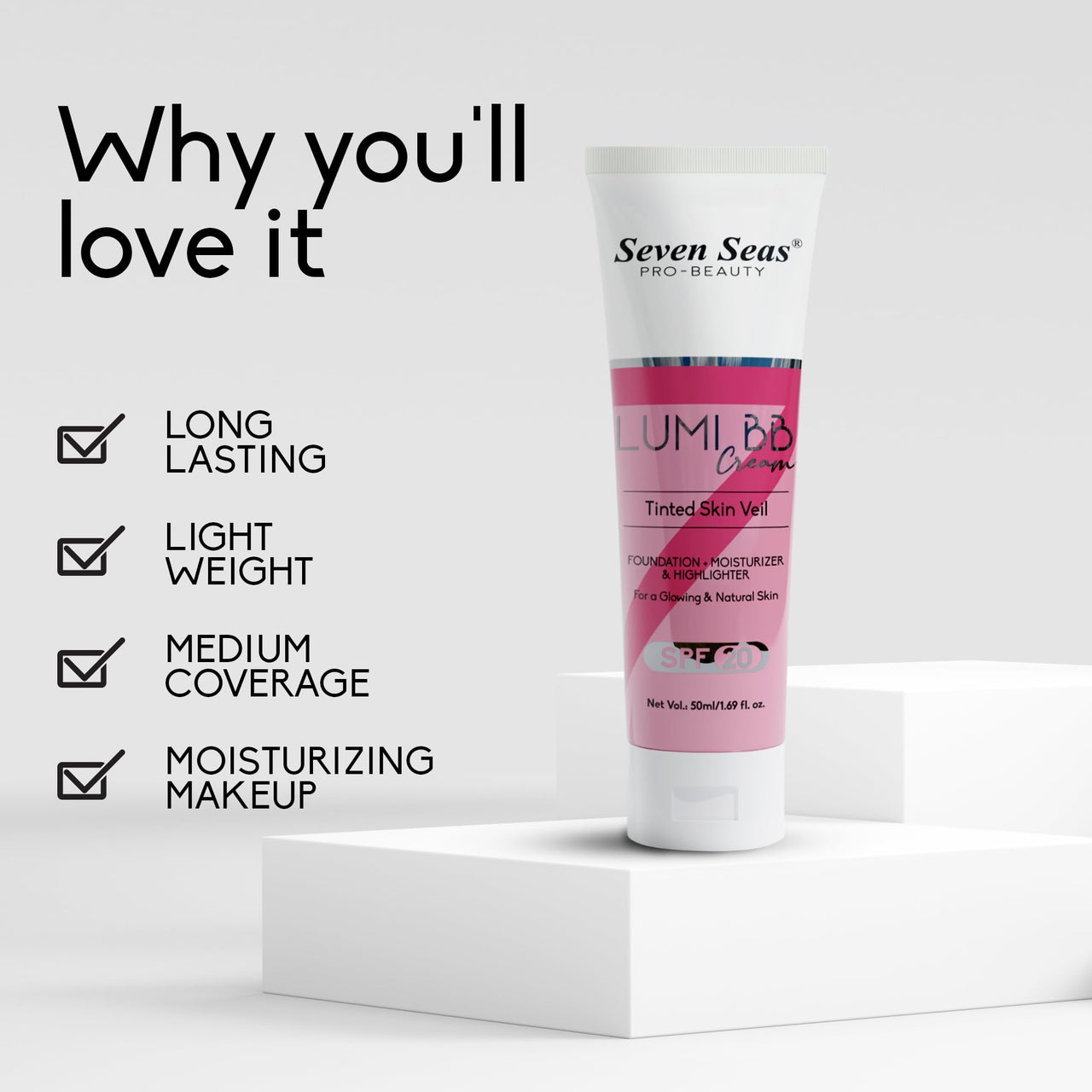 Seven Seas Lumi BB Cream, Tinted Skin Veil Foundation with SPF-20, Foundation + Moisturizer + Highlighter, 50ml (01-Nude, 50ml)