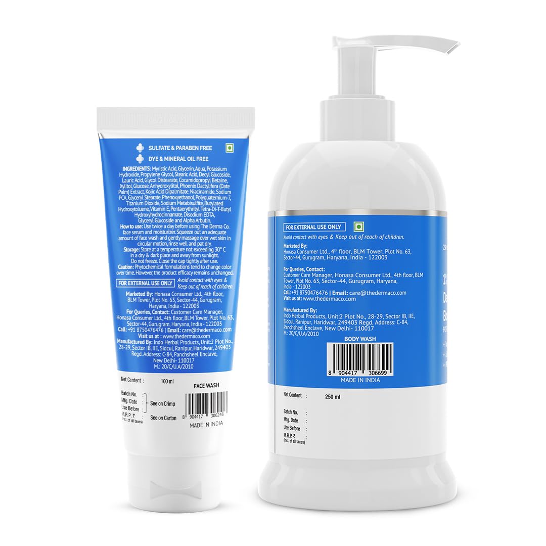 The Derma Co No More Pigmentation Combo with 1% Kojic Acid (1% Kojic Acid Face Wash with Niacinamide & Alpha Arbutin - 100ml & 1% Kojic Acid Daily Brightening Body Wash with Alpha Arbutin - 250ml)|Deeply Cleanses | Treats Pigmentation