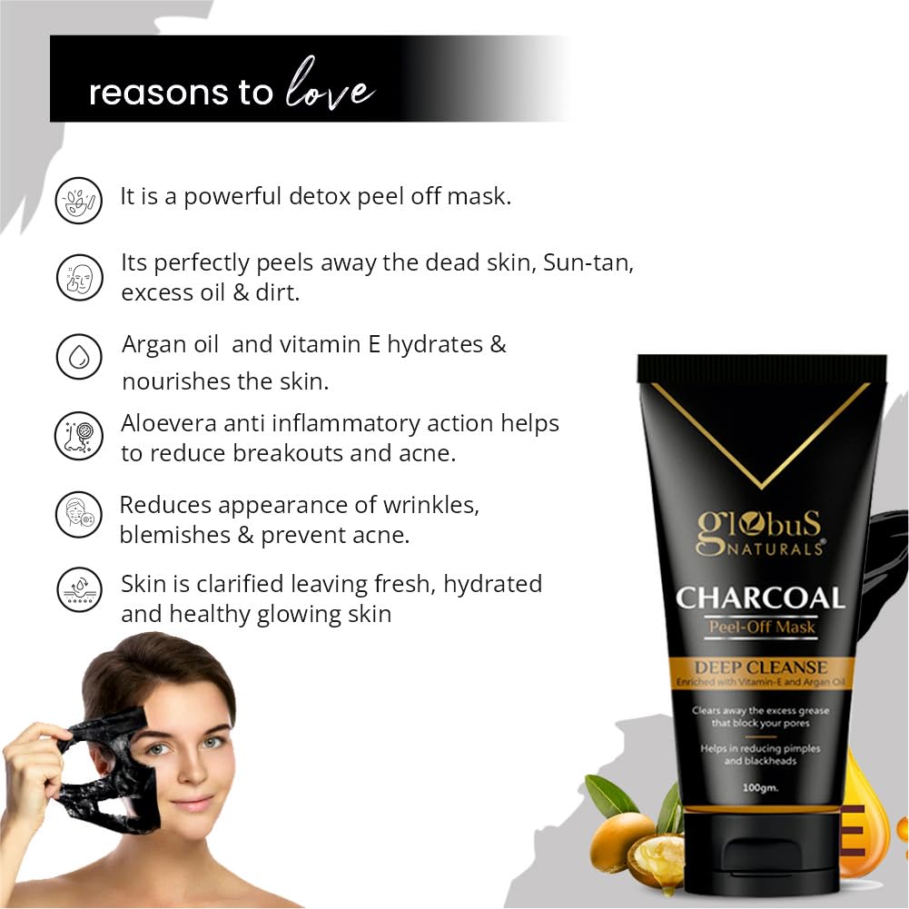 Globus Naturals Activated Charcoal Peel Off Mask Enriched with Vitamin-E and Argan Oil 100 gm