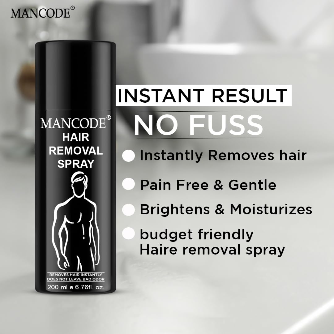 Mancode Hair Removal Cream Spray for Men, Hair removal spray for men, Painless Body Hair Removal for Back, Chest, Legs, Arms, Underarms & Intimate Areas, Fast Acting in 3-6 Minutes (200 ml)