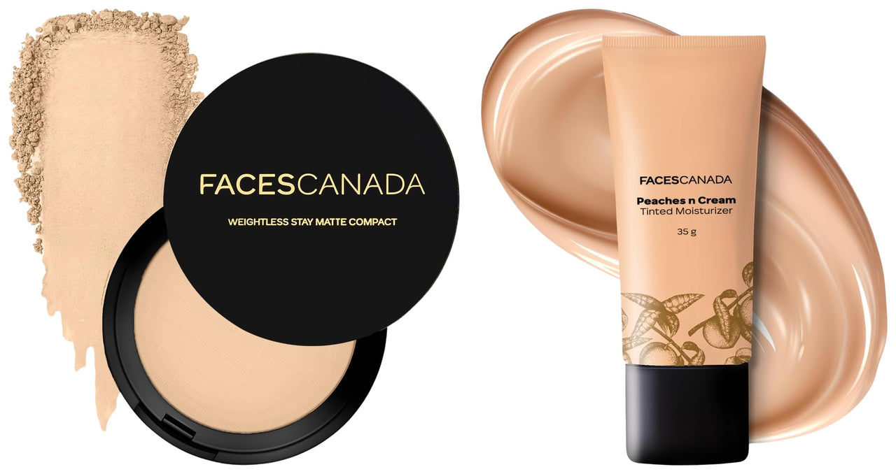 FACESCANADA Weightless Stay Matte Finish Compact Powder - Natural 9 Gm And Faces Canada Peaches N Cream Tinted Moisturizer For All Skin Type - Light 01, 35 Gm