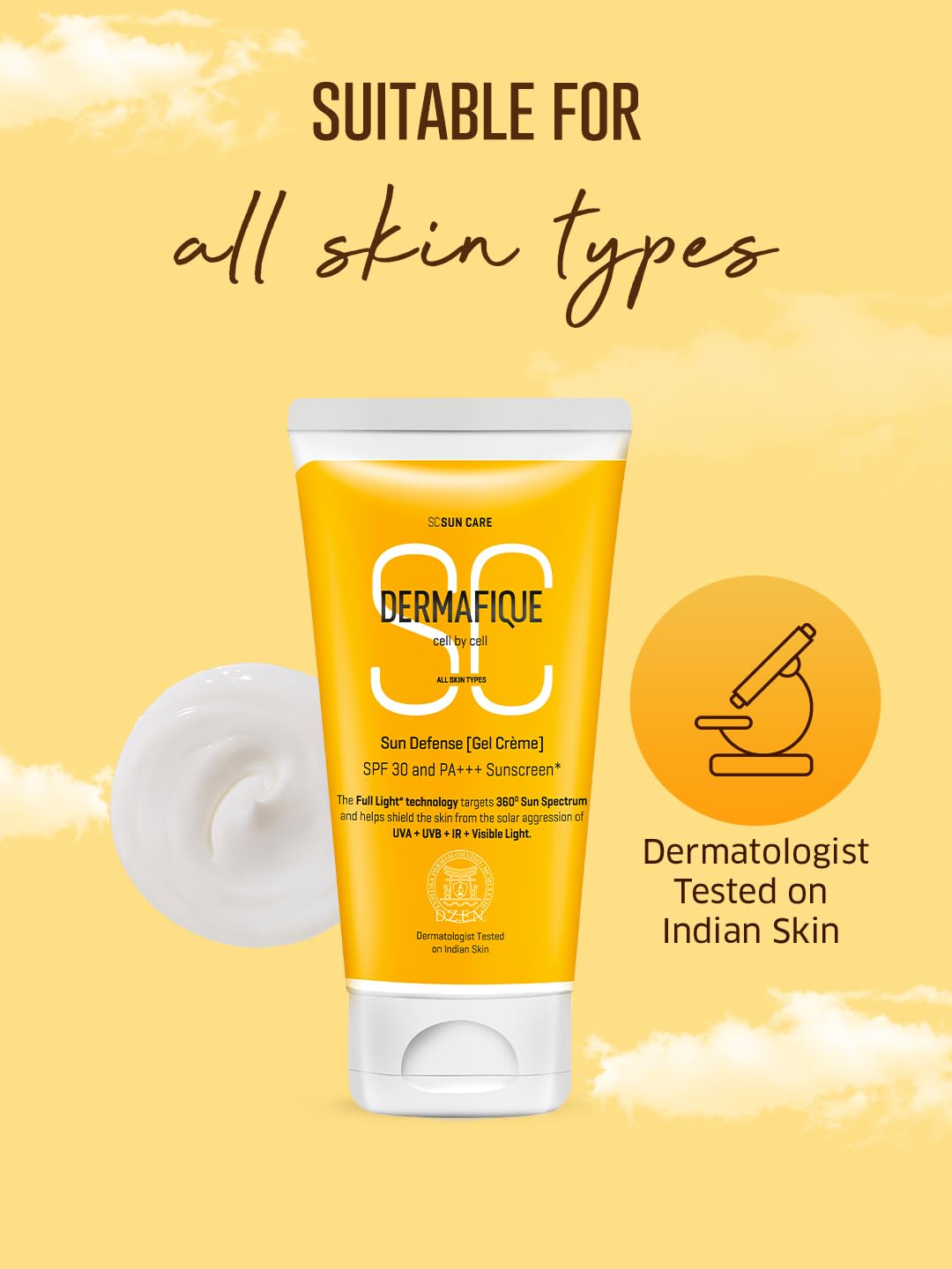Dermafique Sun Defense Gel Crème, SPF 30, PA +++ Sunscreen 150g, for All Skin Types, 360 degree Sun Spectrum Protection, Prevents Tanning & Photoaging, Protects from UVA,UVB, IR & Visible Light, Dermatologist Tested on Indian Skin, for Men & Women