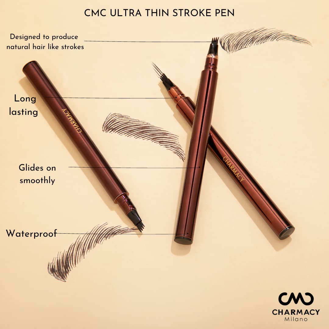 Charmacy Milano Ultra-Thin Stroke Eyebrow Pen (Black) - 0.6 ml, Waterproof, SmudgeProof, Natural Brows, Defined Hair Stroke, Micro Precision, Long Lasting, Easy to Use, Vegan, Cruelty Free