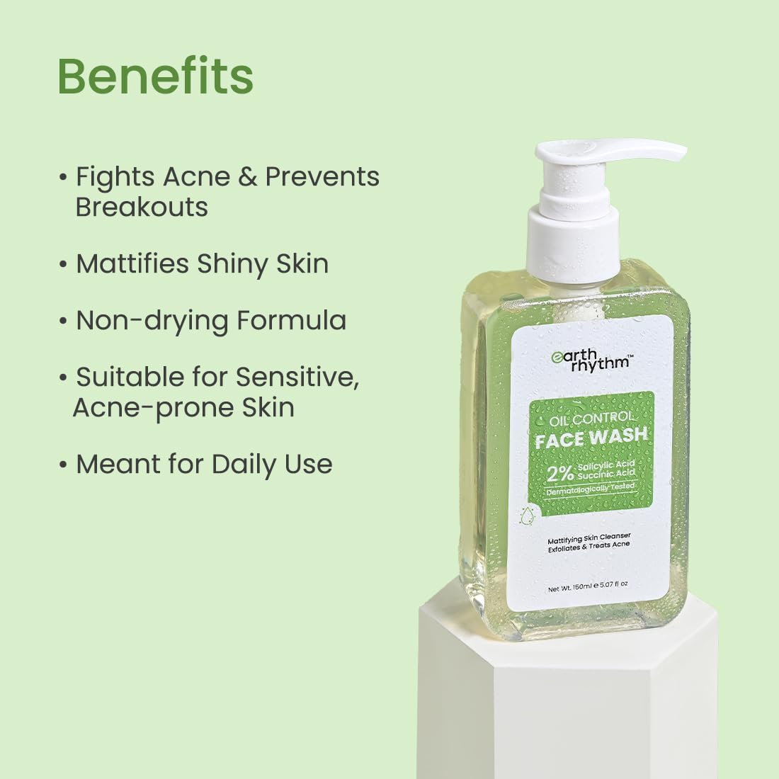 Earth Rhythm 2% Salicylic Acid Face wash for Oily and Acne Prone Skin, Anti Acne Face Cleanser | Men & Women - 150ml