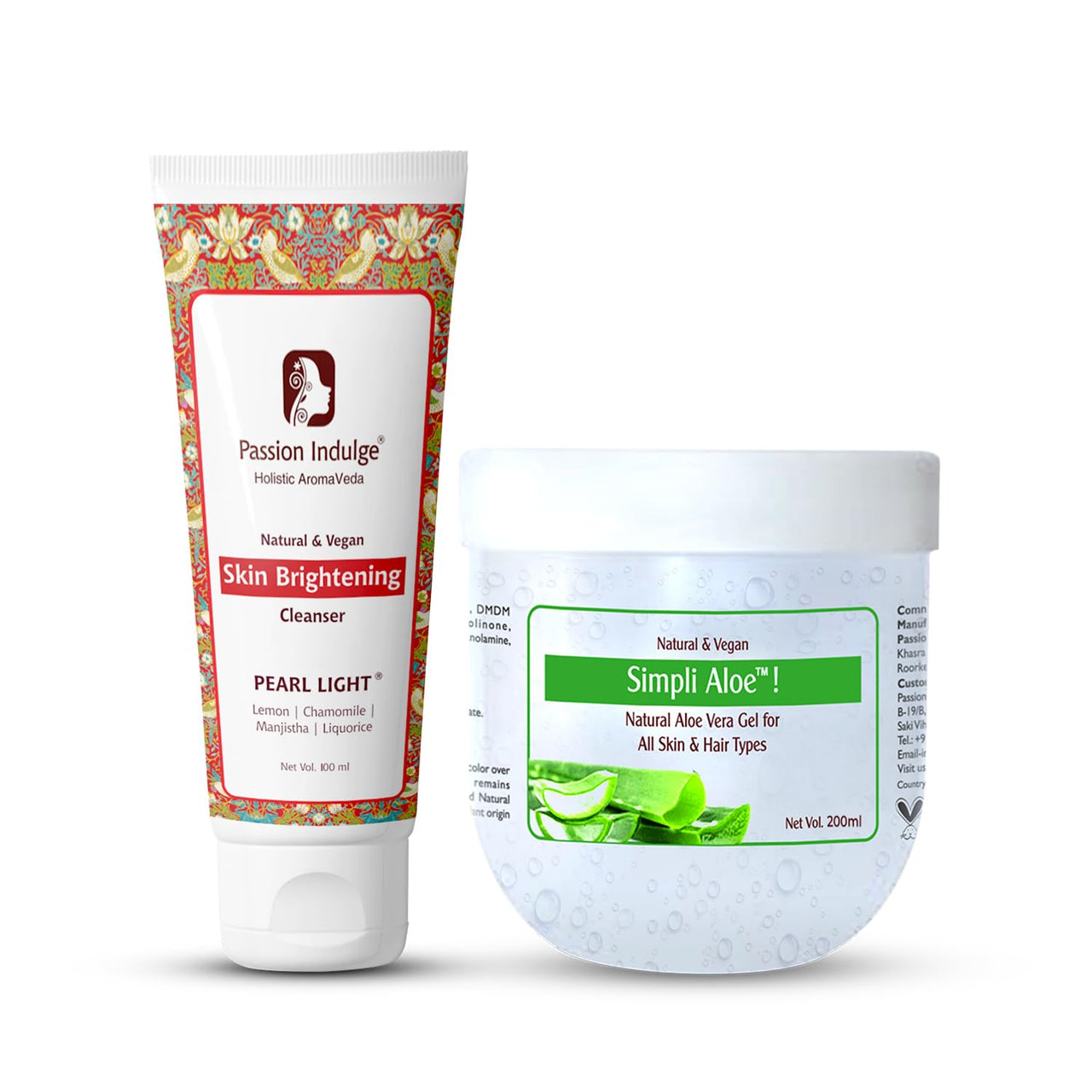 Passion Indulge Natural Pearl Light Cleanser 100ml & Simpli Aloe vera Gel 200ml Pack For Clear Complexion & Skin Brightening