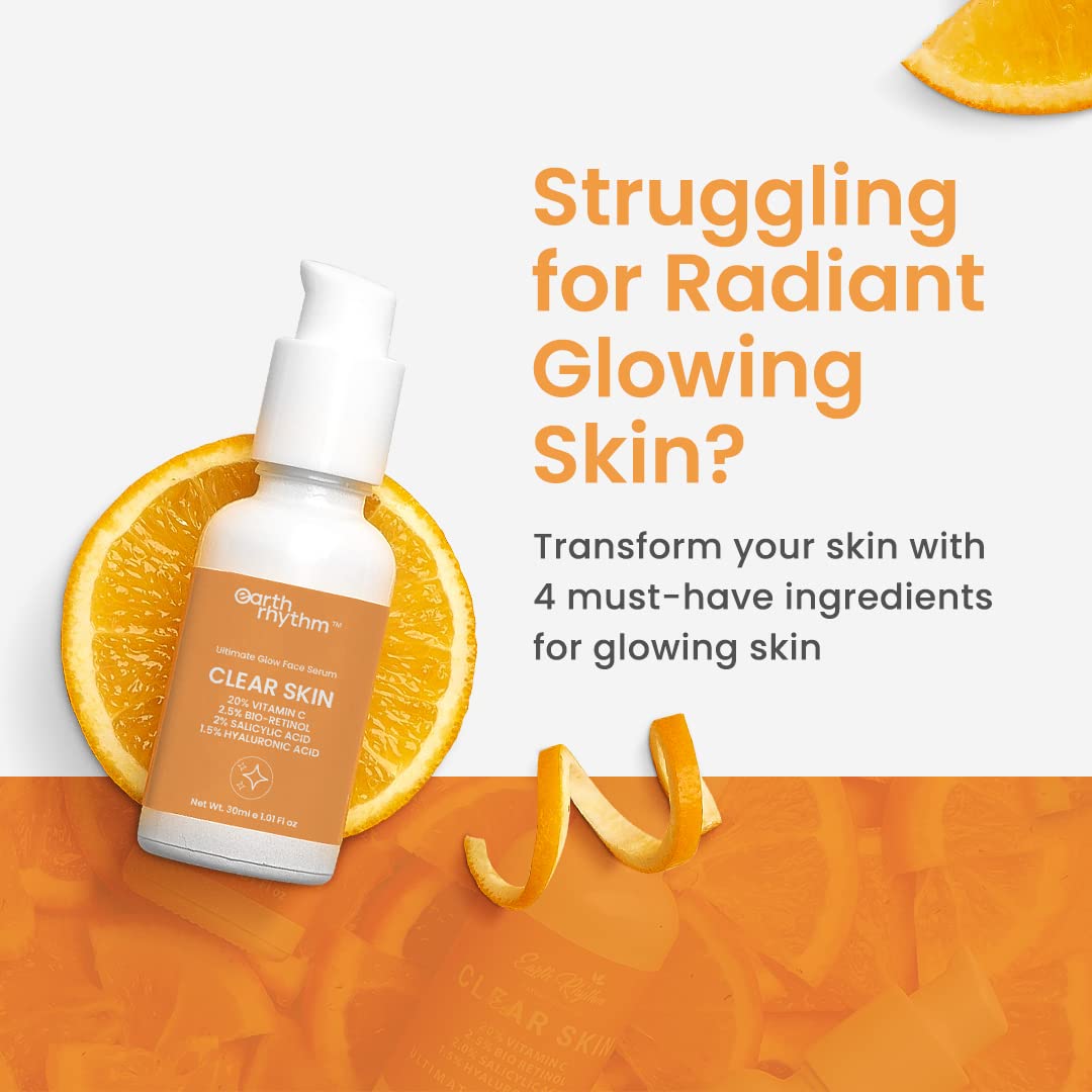 Earth Rhythm 20% Vitamin C Serum for Glowing & Clear skin with Hyaluronic & Salicylic Acid| Hydrates Moisturizes & Brightens | Suitable for Oily Sensitive & Acne Prone Skin| Men & Women - 30ml