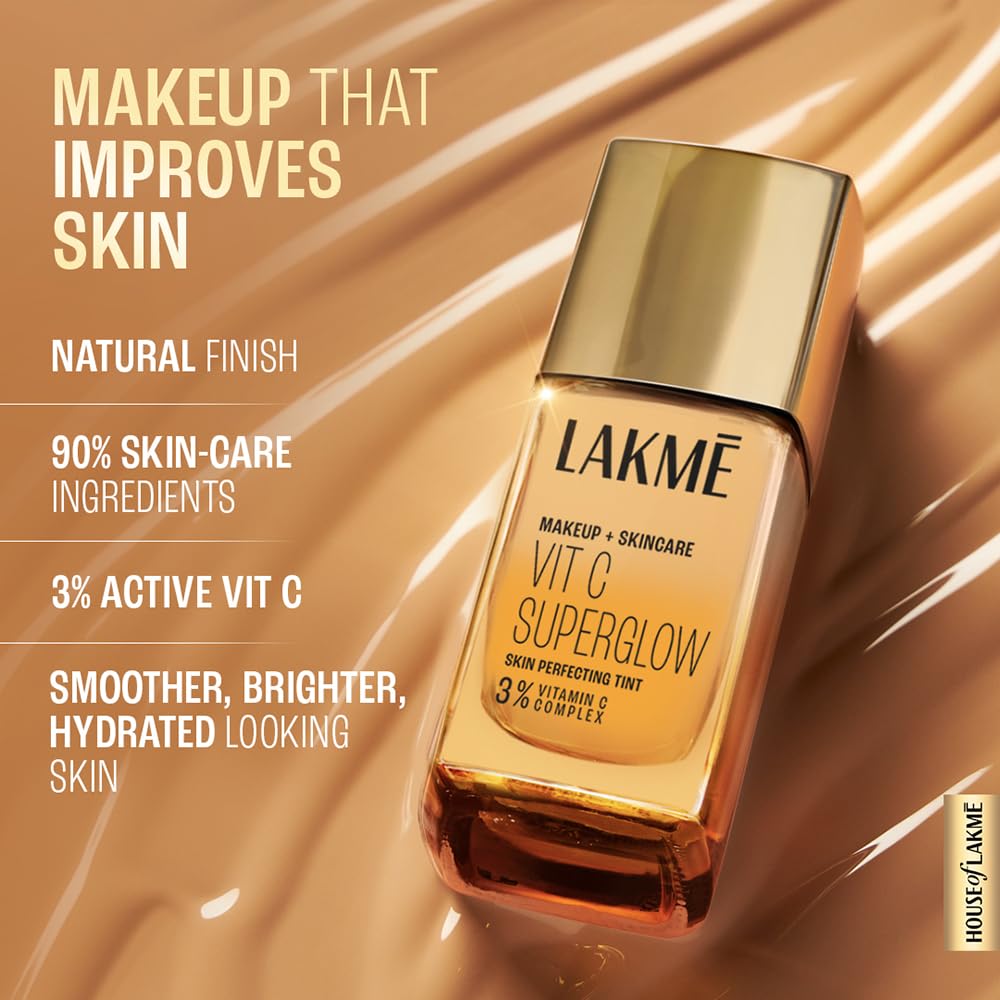 Lakmé Natural Makeup For All Skin Type+Skincare Vitc Superglow Skin Perfecting Liquid Medium Coverage Tint Cool Ivory C100 25Ml 1 Count