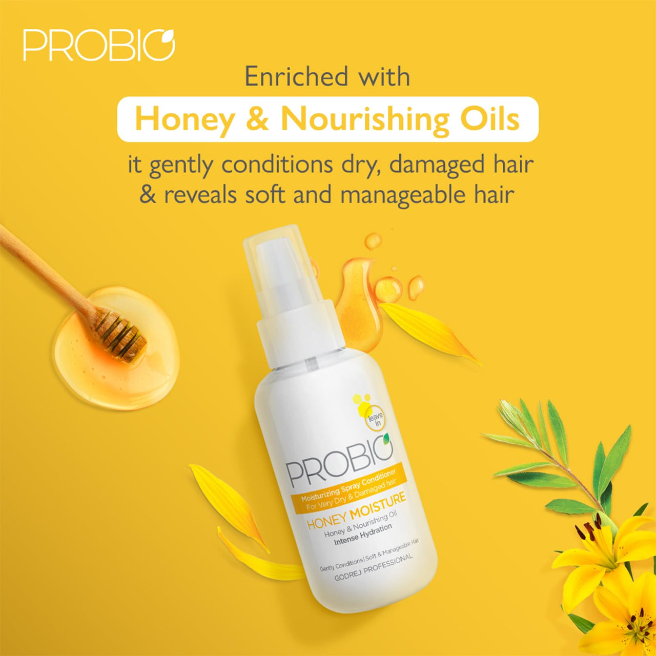 Godrej Professional Probio Honey Moisture Spray Conditioner (100 Millilitre) | Helps Condition And Moisturizes Dry & Damaged Hair | Composed Of Honey & Nourishing Oils