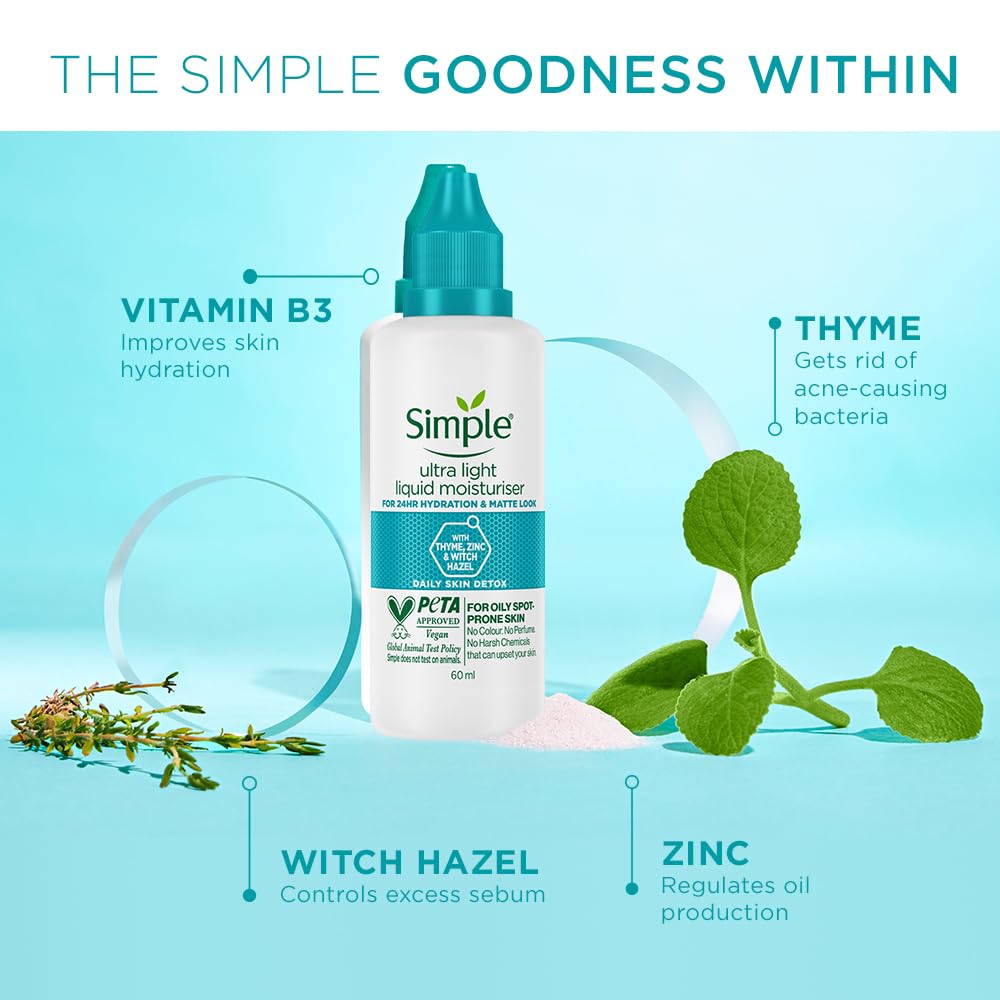 Simple Daily Skin Detox Ultra-light Liquid Moisturiser 60ml | For 24 Hr Hydration & Matte Look | For Oily, Pimple-Prone & Spot-Prone Skin