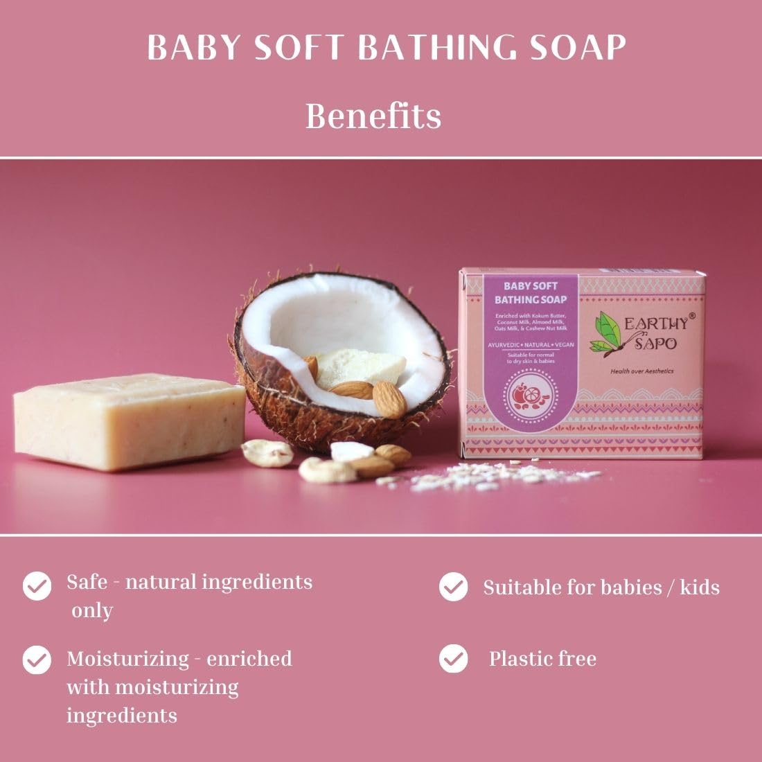 Earthy Sapo Handmade Baby Soft Bathing Soap (Coconut Milk, Almond Milk, Oat Milk, Kokum Butter) 100g, Pack of 1 | Natural, Gentle Bath Soap for Babies Sensitive Skin
