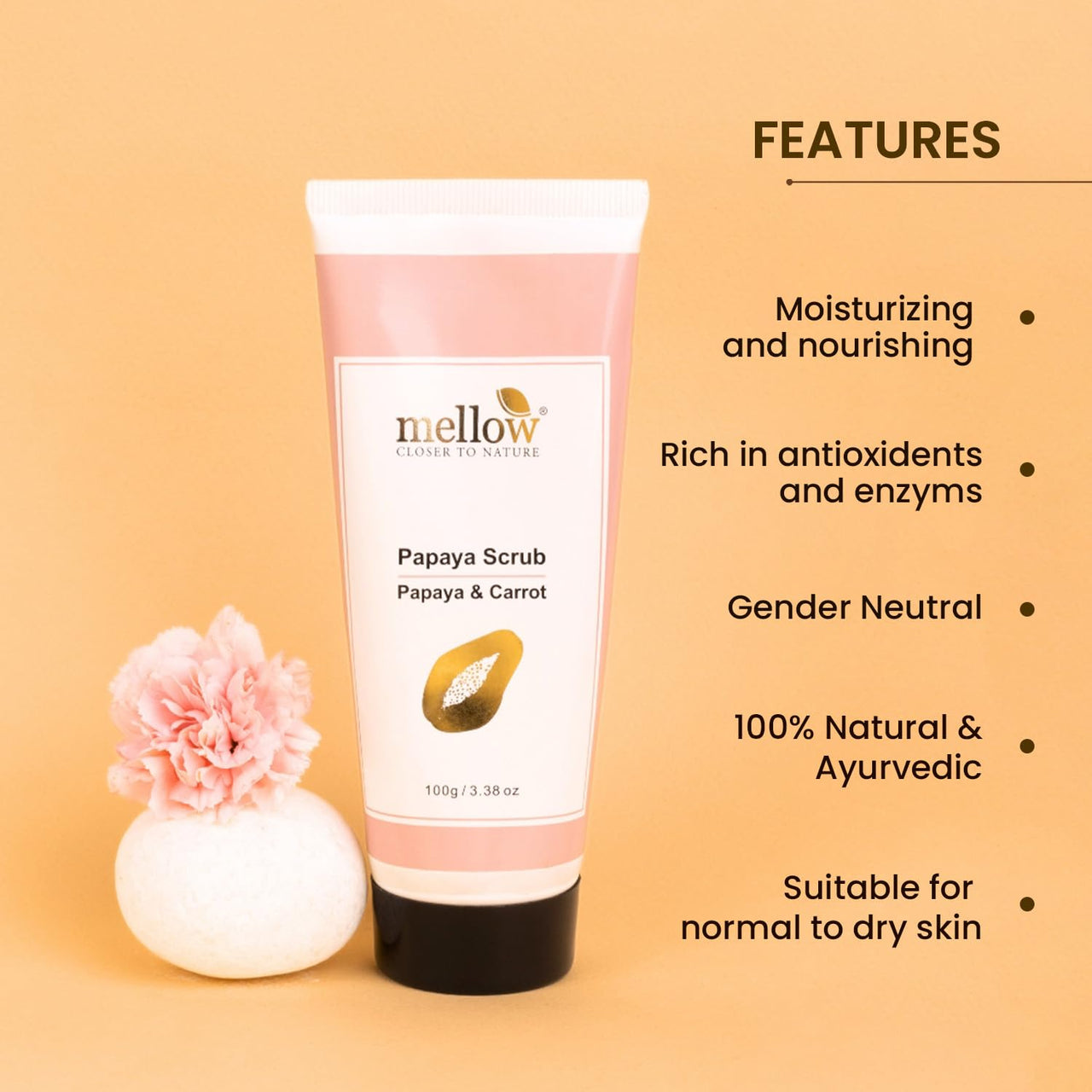 Mellow Herbals Ayurvedic Papaya Face Scrub (100Gm) for Smooth & Vibrant Glow | Helps To Remove Dead Skin cells & Unclog pores | Papaya, Walnut, Lemon & Orange | Ayush Certified | GMO, Paraben and Silicone Free