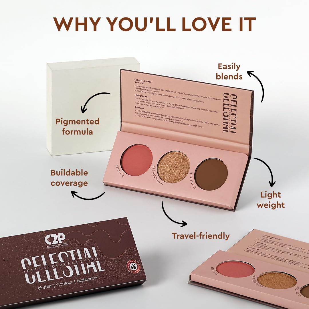 C2P Pro Celestial 3-in-1 Face Palette for Makeup | Matte Bronzer, Highlighter & Blush | Cream-Based Blusher for Cheeks | Lightweight & Long-Lasting | Vegan & Cruelty-Free (12g, Back to L.A.)