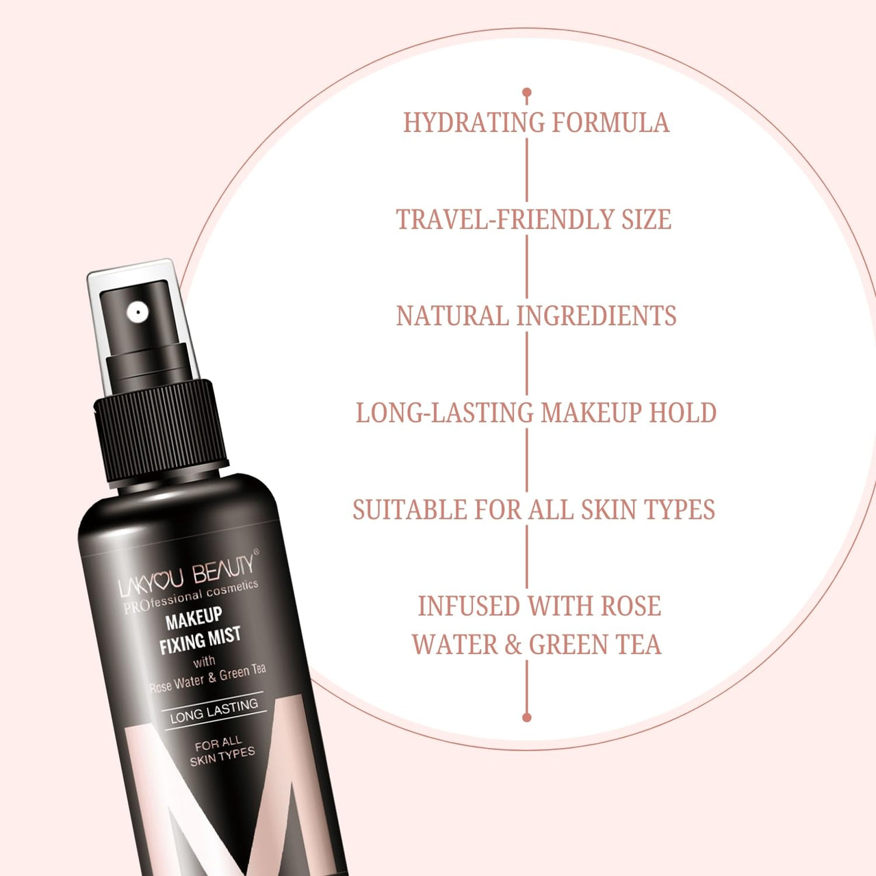 Lakyou Beauty Makeup Fixing Mist with Rose Water & Green Tea | Long-Lasting | Hydrates & Refreshes | Suitable for All Skin Types | 80ml