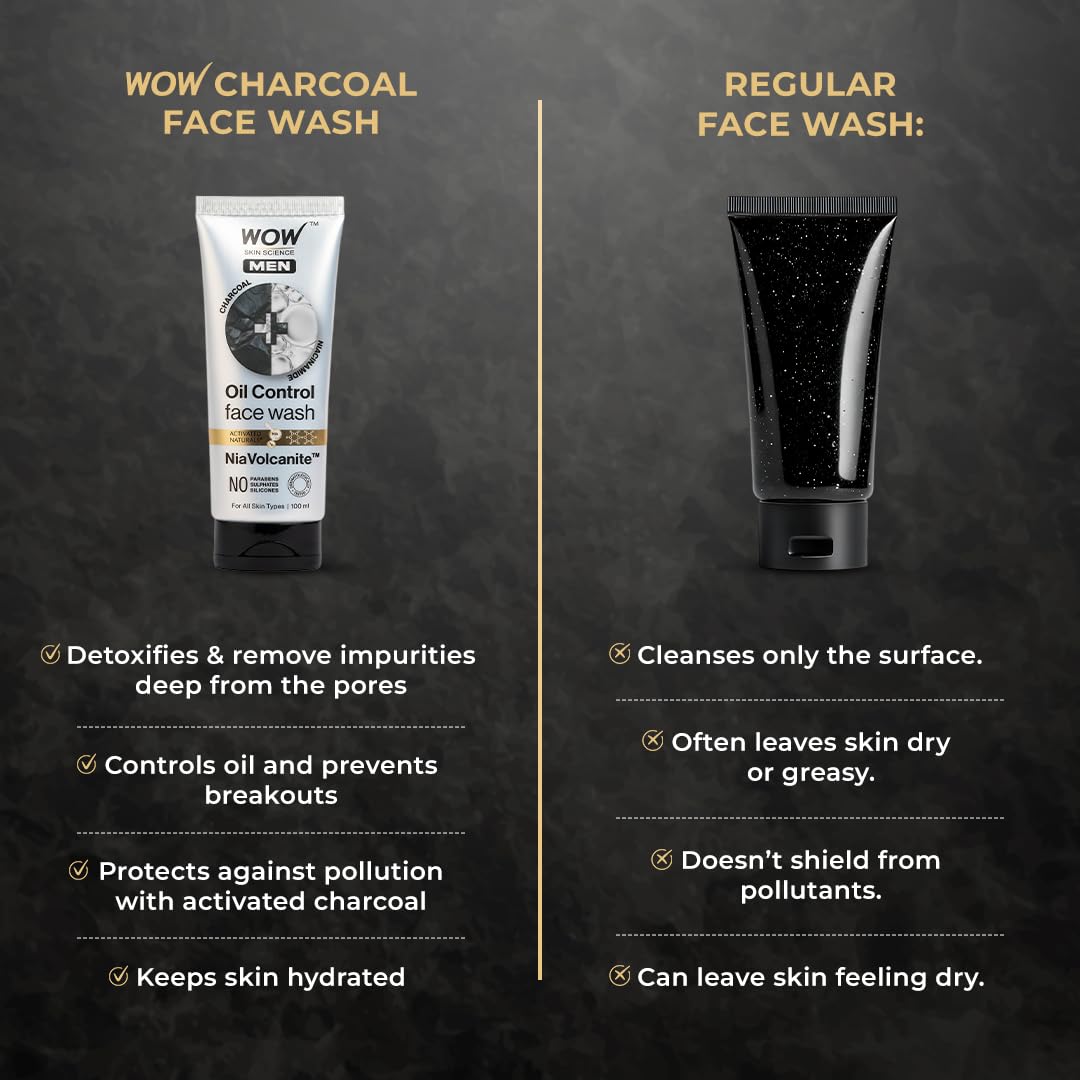 WOW Skin Science MEN CHARCOAL + NIACINAMIDE Oil-Control Face Wash | Absorbs Excess Oil & Deep Cleanses | NiaVolcanite™ Technology | No Sulphates, Parabens, or Silicones | 100ml