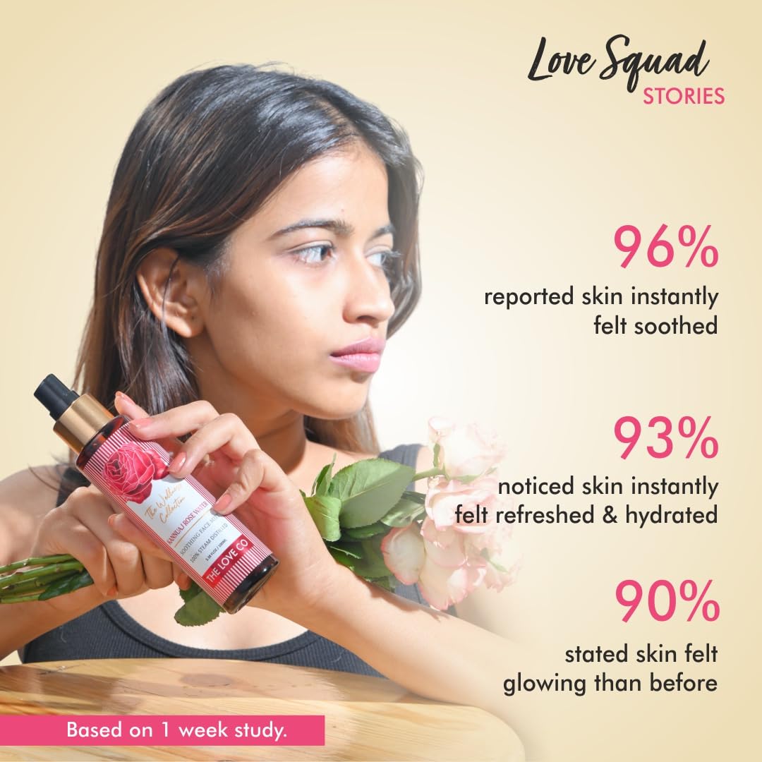 THE LOVE CO. Rose Water - 100% Pure and Natural, Steam Distilled for Skin, Face, and Hair - Authentic Kannauj Gulab Jal - Soothing Skin Toner Spray - Paraben, Alcohol, and Chemical-Free