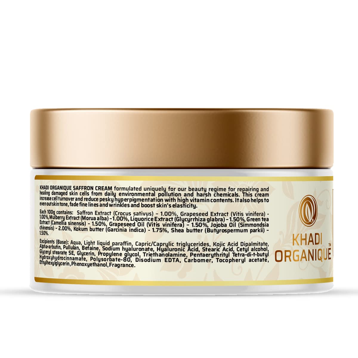 Khadi Organique Saffron Cream For Skin Tone, Rejuvenate Skin, Radiant Glow And Dark Spots (Paraben Free & No Harmful Chemicals) 50 gm