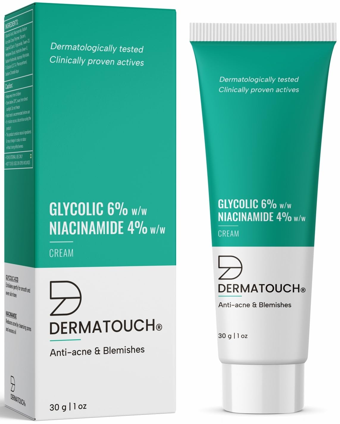 DERMATOUCH Glycolic 6% w/w Niacinamide 4% w/w Cream |For Anti-acne and Blemishes | For All Skin Types | For Both Men & Women | 30G
