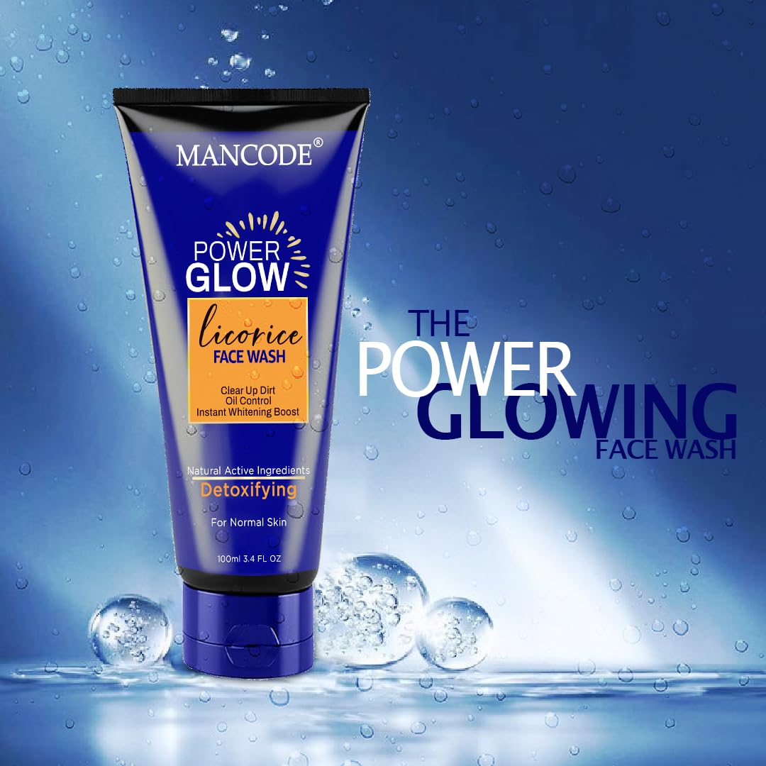 MANCODE Power Glow Face Wash for Men with licorice extract, Best Oil Control Face Wash for Men, Ideal for All Skin, Deep Skin Cleansing, Instant Whitening Boost, Suitable For all Skin Type (100 ML)