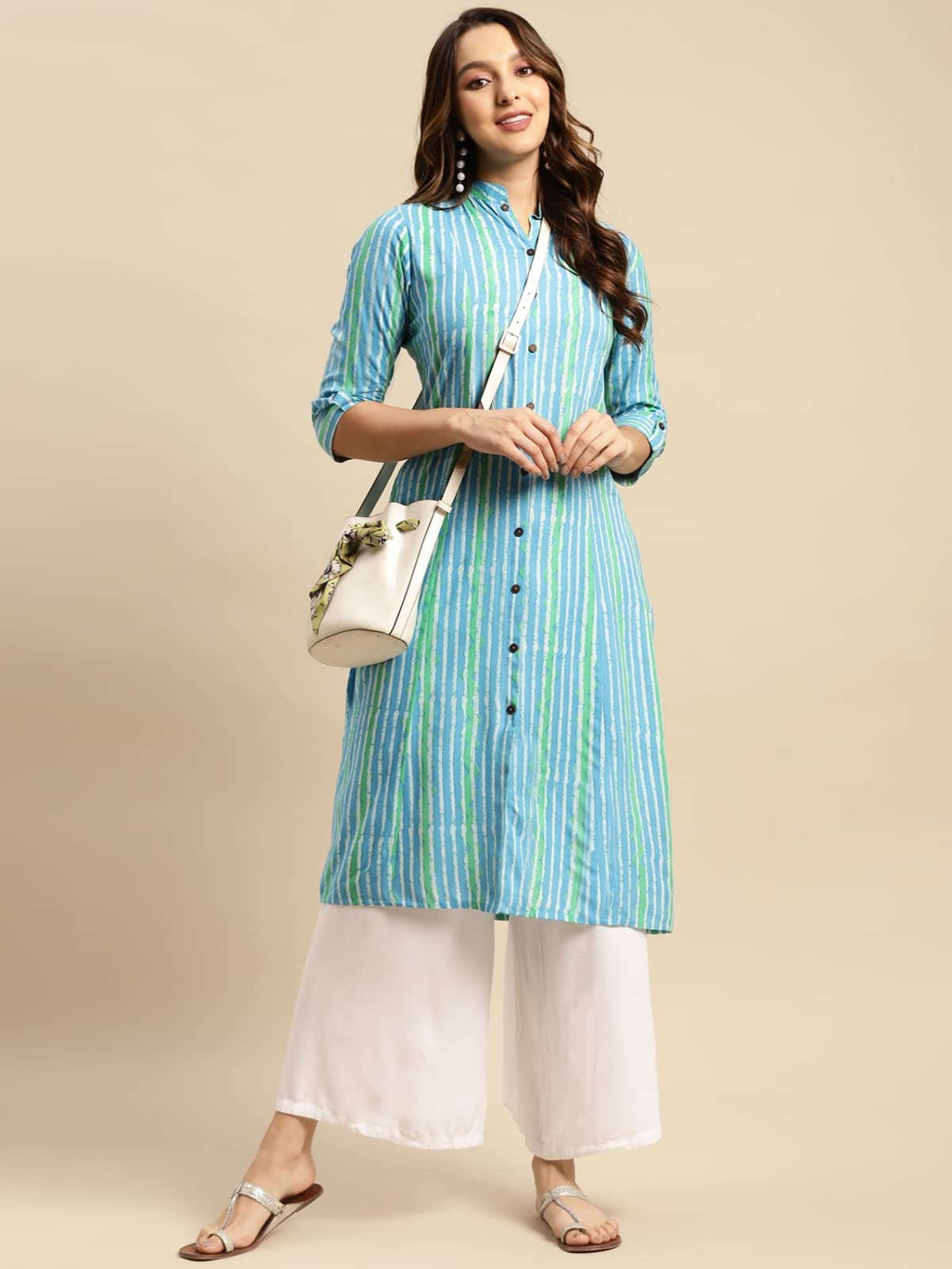 rangita Women Rayon Printed Calf Length Kalidar Kurti with Front Button Placket