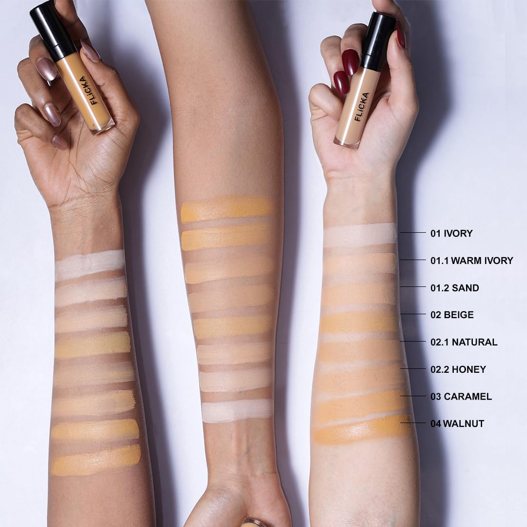 FLiCKA Cover Story Liquid Light Weight Natural Concealer With Full Coverage For Women| Contains SPF, Argan & Avacado Oil| Concealer For Face Makeup, 01.2 Sand, 8.5ml