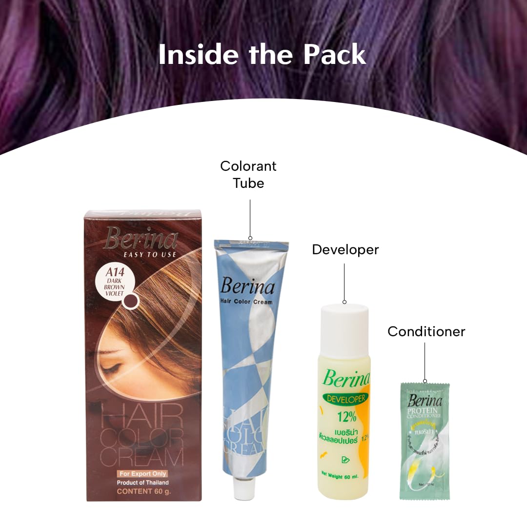 Berina Professional | Permanent Hair Color Cream | 60gm | A14 Dark Brown Violet | Long Lasting Color