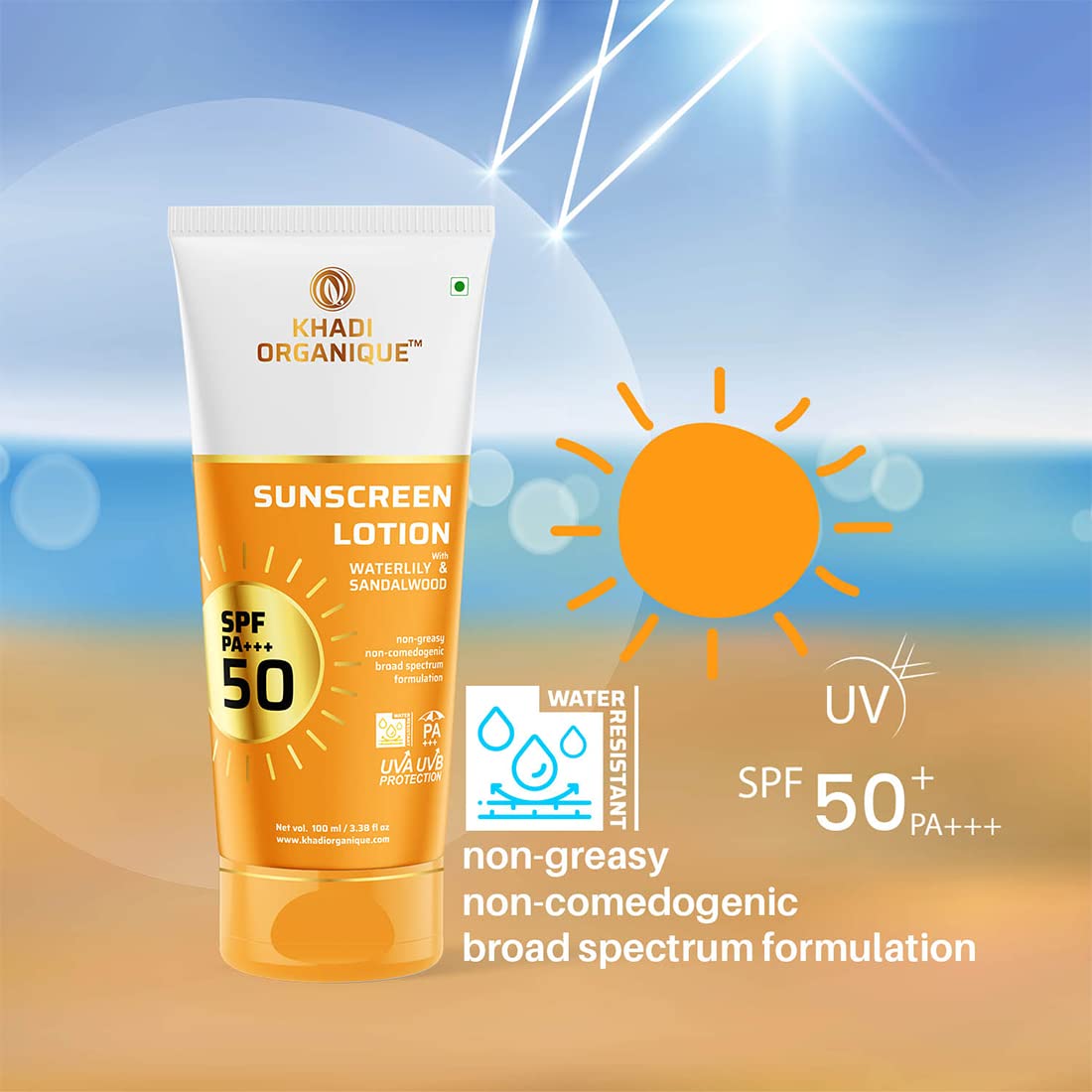 Khadi Organique Zinc Oxide Sunscreen Lotion SPF 50 PA+++ | Broad Spectrum, Non-Comodegenic, Ultra Light Sunscreen Gel | UVA, UVB Protection for Men & Women | Oily, Dry, & Combination Skin - 100ml