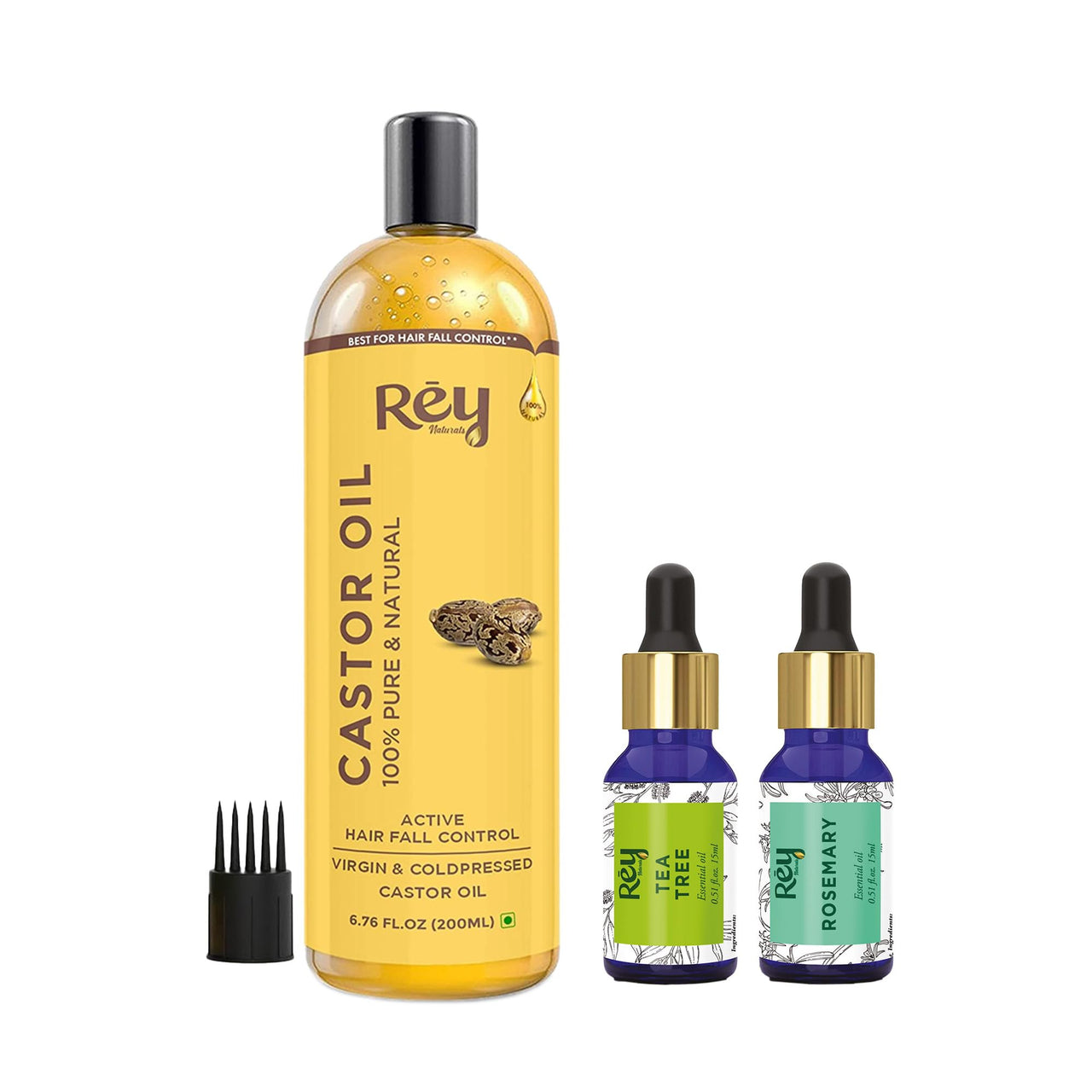 Rey Naturals Tea Tree Oil, Rosemary Oil & Castor Oil For Hair Growth, Hairfall Control, Dandruff | Essential Oil & Cold Pressed Oil Set For Face, Skin, Hair Care| All Skin & Hair Types - 15ml*2+200ml