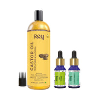 Rey Naturals Tea Tree Oil, Rosemary Oil & Castor Oil For Hair Growth, Hairfall Control, Dandruff | Essential Oil & Cold Pressed Oil Set For Face, Skin, Hair Care| All Skin & Hair Types - 15ml*2+200ml