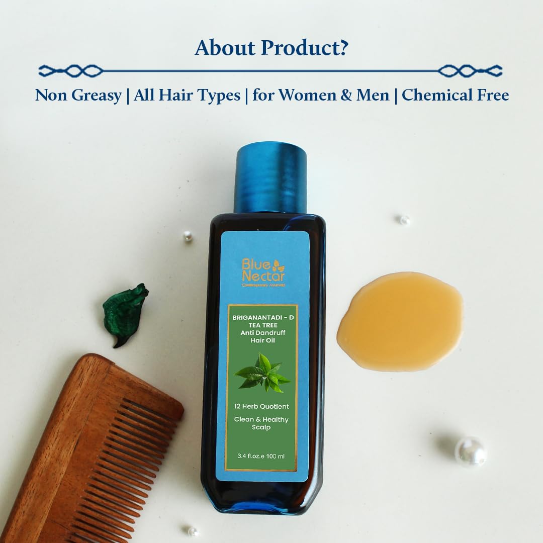 Blue Nectar Anti Dandruff Hair Oil with Neem & Tea Tree Hair Oil | Ayurvedic Non-Sticky Hair Oil for Dry Scalp and Dandruff | Plant Based Hair Oil for Men & Women (12 Herbs, 200ml)
