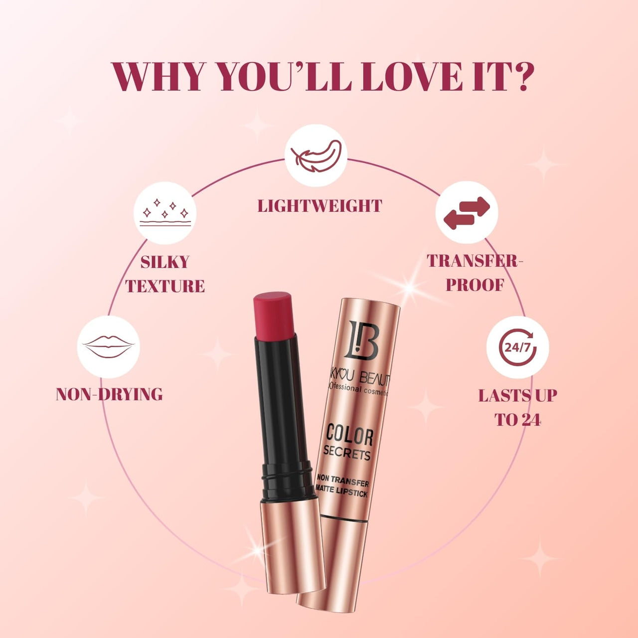 Lakyou Beauty Color Secrets | Non-Transfer Matte Lipstick | Bold Red | Long Lasting Wear | 4g | (B02(Mehroon))