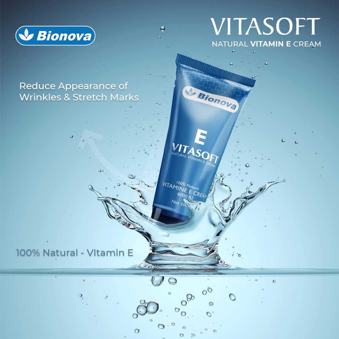 Bionova Vitasoft E Anti-Aging & Skin Brightening Cream with Vitamin E - 100ml | Natural Vitamin E Cream | Helps To Reduce Stretch Marks, Scars, Fine Lines & Wrinkles for Men & Women (Vitasoft Cream)