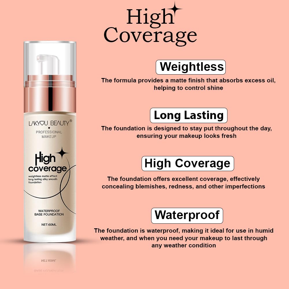 Lakyou Beauty High Coverage Base Foudation | Waterproof | Long Lasting | Light Weight | Shade-03(Natural Beige) | Pack Of 2
