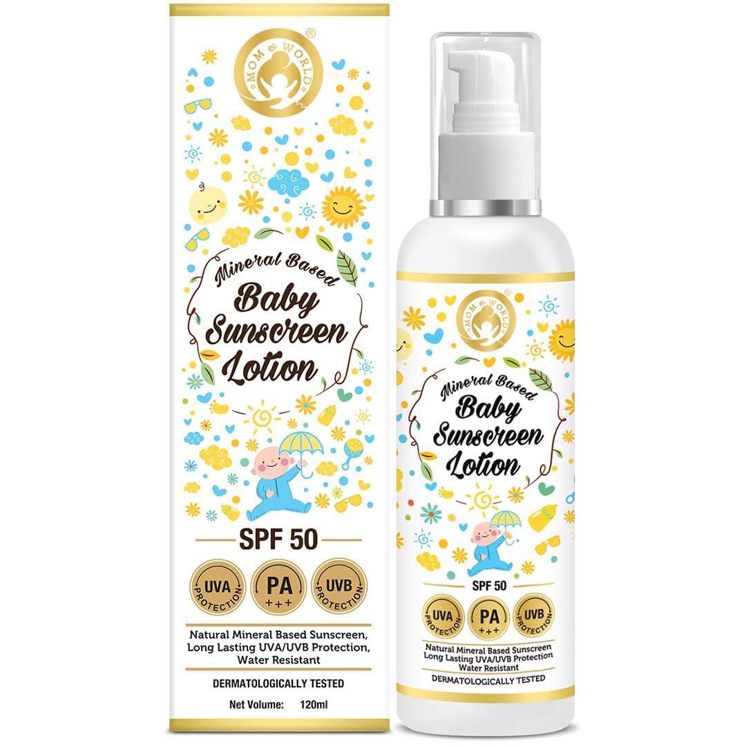 Mom & World Mineral Based Baby Sunscreen Lotion, Spf 50 Pa+++, Uva/Uvb Protection, Water Resistance, 120 ml