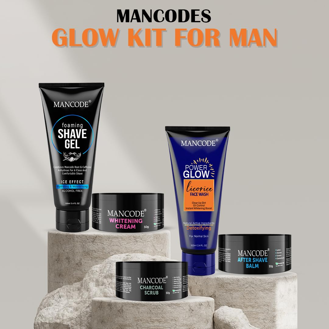 Mancode Grooming Gift Set - The Ultimate Glow Kit for Men | Complete Grooming Kit | Hydrates & Revitalizes Skin (Shave Gel,Face Wash,After Shave Balm,Whitening Cream,Scrub) Stylish Gift Box Pack of 5