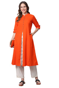 Pistaa's  Women Cotton Printed Cut Regular Kurta Orange M