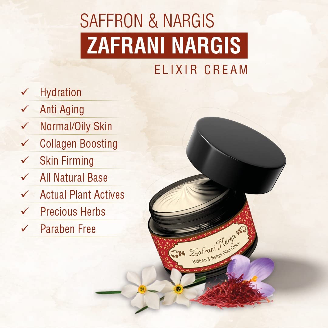 Herbs & Greens Zafrani Nargis Natural Vitamin C Saffron & Nargis Anti Aging Elixir Cream, | Glowing & Radiant Skin | Ayurvedic Day & Night Face Cream Moisturizer For Woman & Men | All Skin | 50gm
