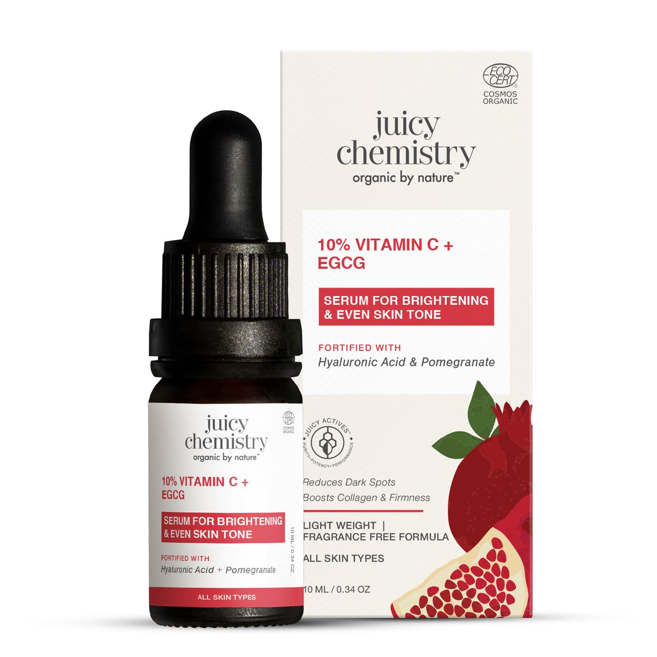 Juicy Chemistry 10% Vitamin C + EGCG Serum, 10 ml | Face Serum for Glowing Skin with Hyaluronic Acid | Fades Dark Spots, Pigmentation & Brightens Skin | Beginner Friendly - Men & Women